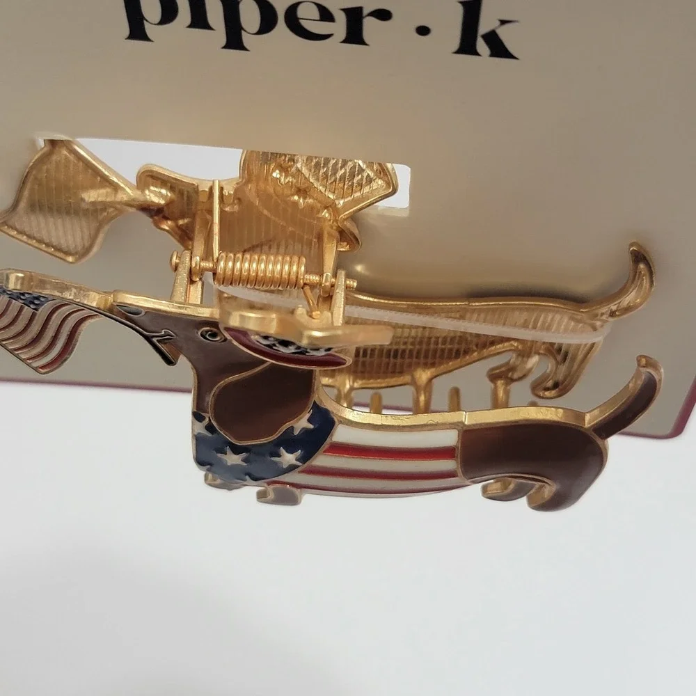 Piper K Patriotic Dachshund Hair Claw Clip American Flag‎ Wiener Dog Enamel Gold
